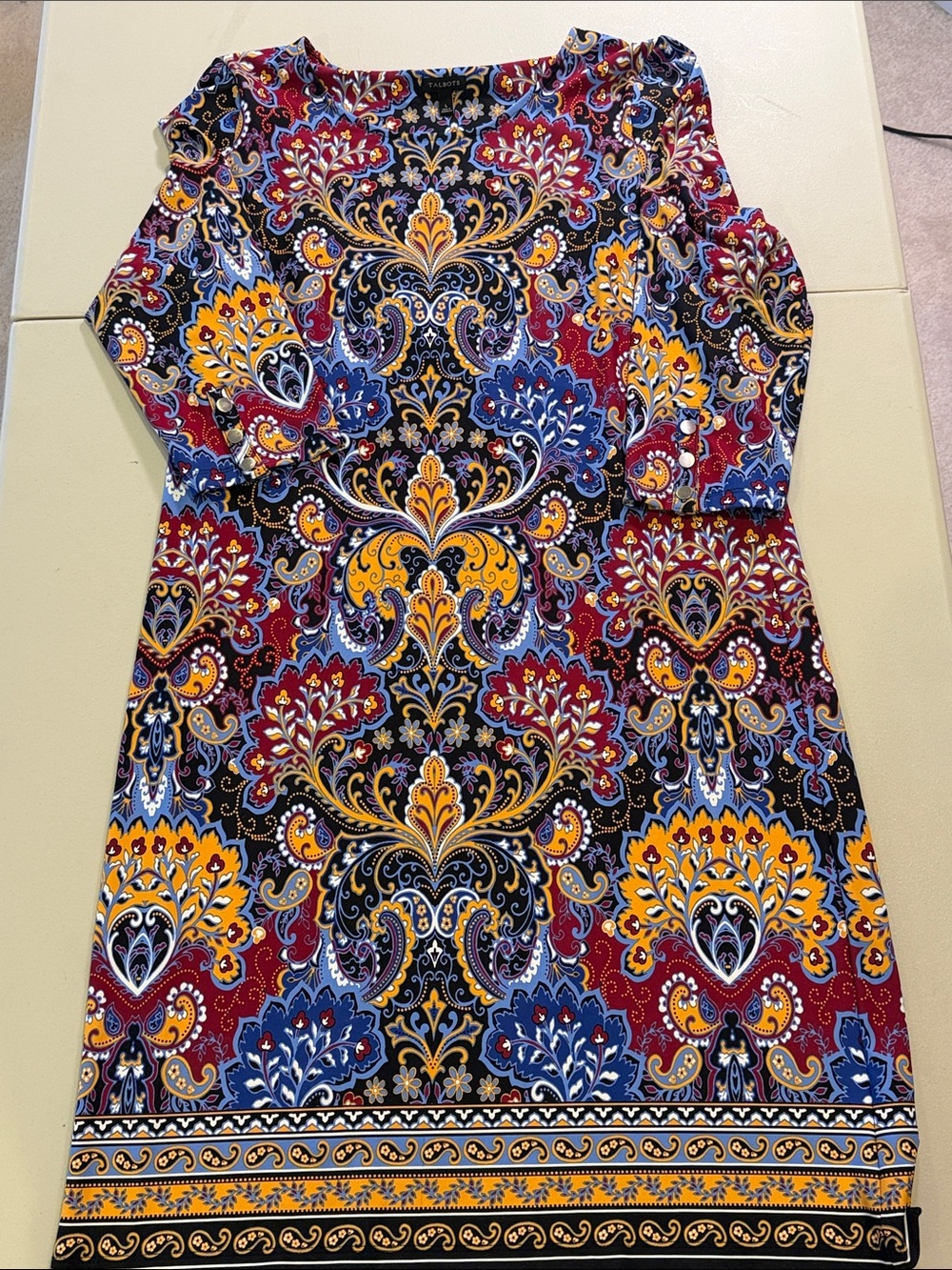 Talbots - like New- Colorful Paisley Shift Dress in Navy, Mustard & Burgundy